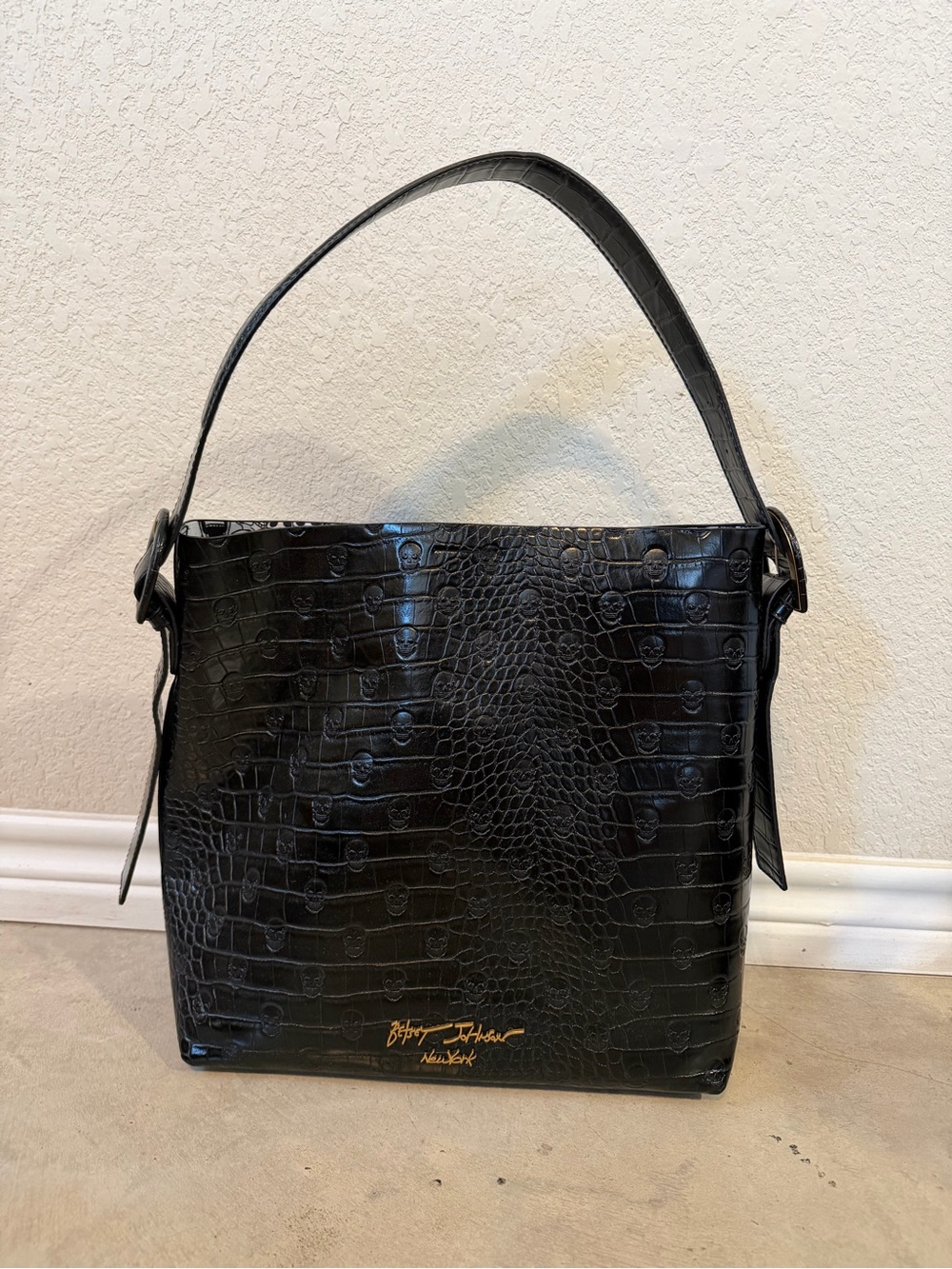 Betsey Johnson Black Croc-Embossed Hobo Bag